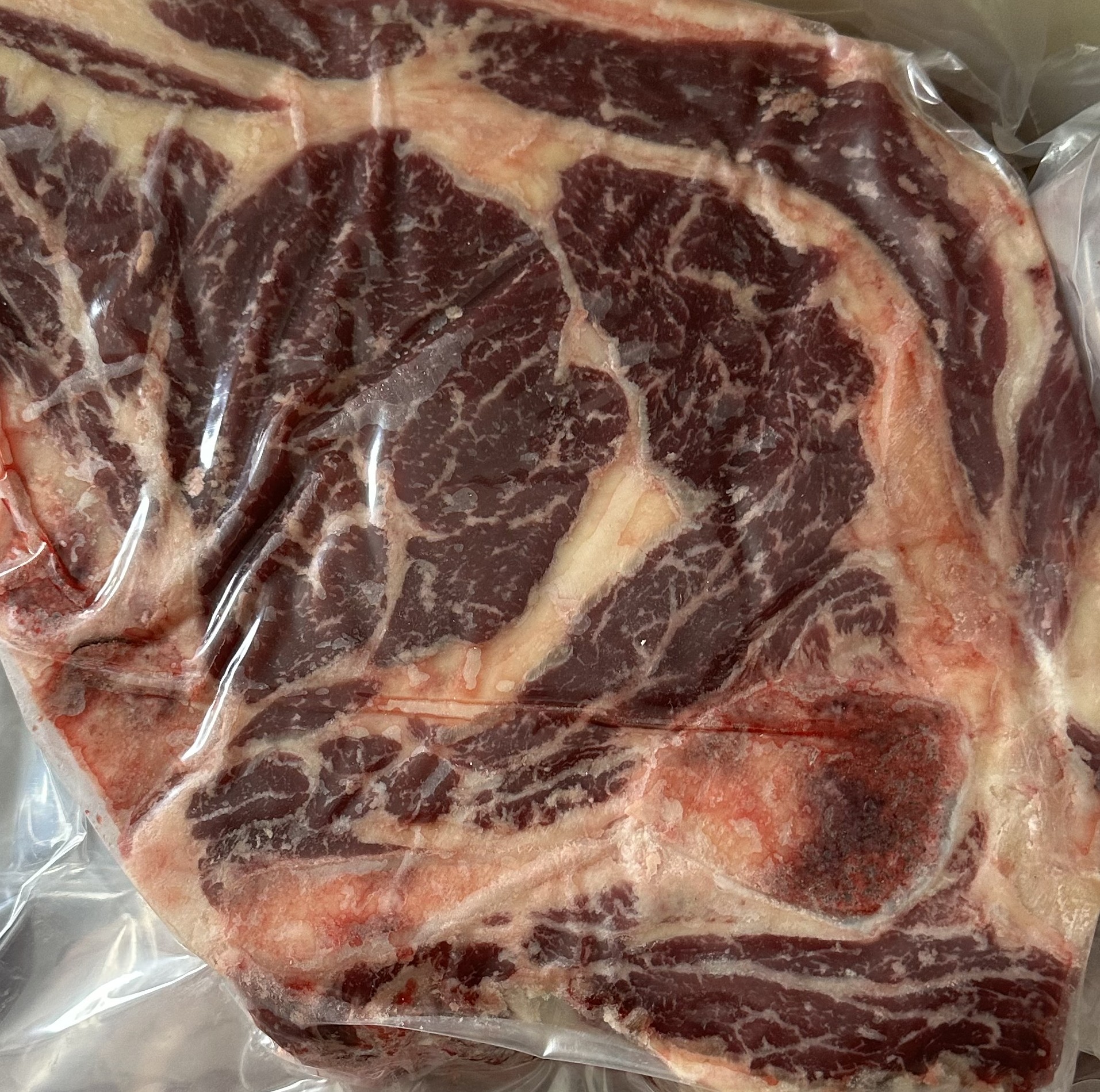 Close-up of marbled beef cut sealed for freezer storage.
