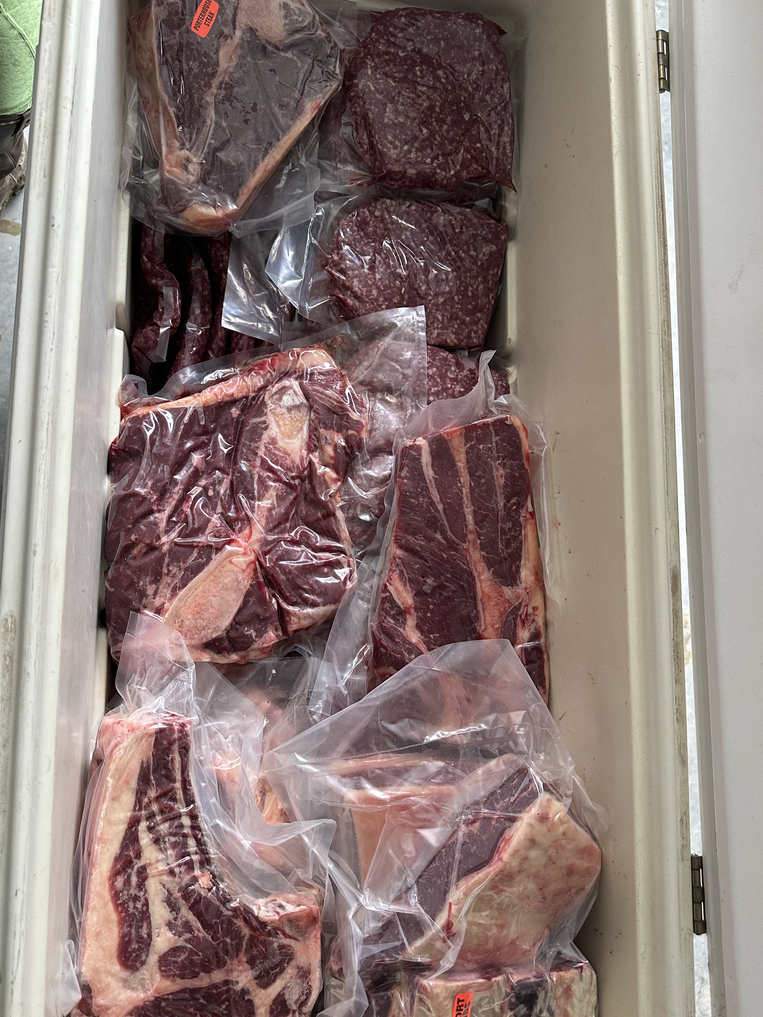 Vacuum-sealed beef cuts packed in a freezer.